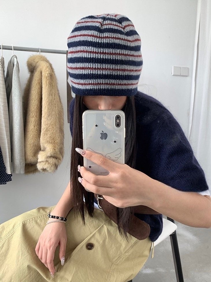 【即納商品】stripe stud beanie