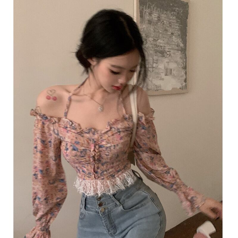 フローラルシフォンシャツ サマースタイルウェストレースブラウス レディース 夏物 花柄 YY-ファッション31865822285