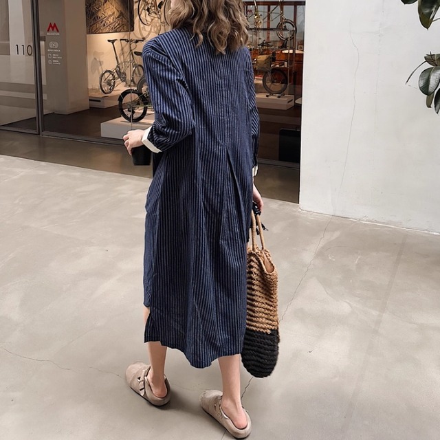 ストライプ柄 サイドスリット ロングシャツワンピース 2color  00138