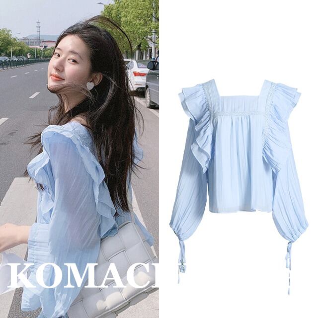 【送料無料】 シャツ 長袖 ランタンスリーブ フリル スクエアネック 透け感 ルーズ 韓国 レディース かわいい 可愛い キュート 大人可愛い 大人女子 シンプル きれいめ カジュアル 大人 気品 上品 おしゃれ お洒落 こなれ感 きちんと 大人女子 クール エレガント フェミニン S M L ブルー 夏 オルチャン 10代 20代 30代 女子会 デート ショッピング お泊まり 旅行 休日 普段使い デイリー 着回し コーデ トレンド インスタ映え スタイルアップ 安い