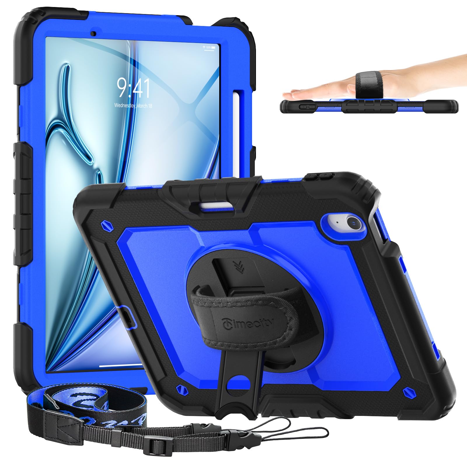 【努力特価】Timecity iPad Air 11 インチ ケース 2025新モデル 耐衝撃 iPad Air M3/ M2 ケース 画面保護フィルム 360°回転スタンド ハンド&ショルダーストラップ ペン収納付き 頑丈 三層保護 工事 現場 アウトドア 2025/ 2024 アイパッド Air11インチ カバー (ダークブルー)
