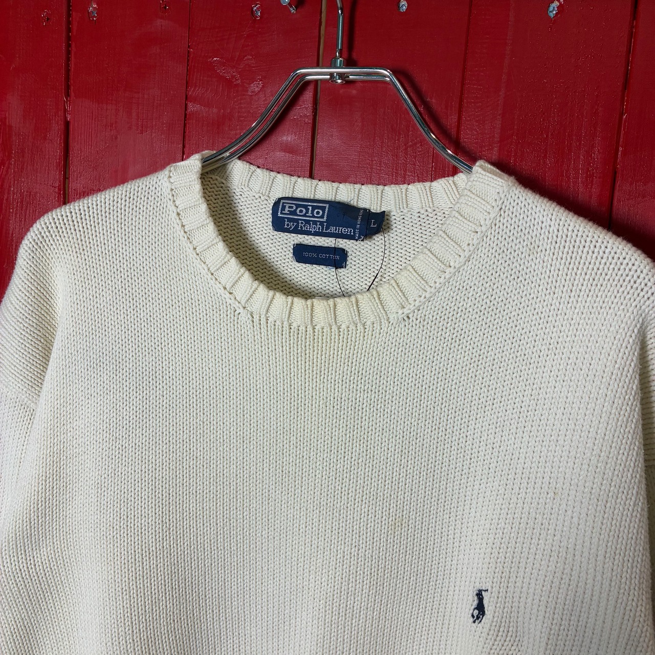 90s POLO RALPH LAUREN コットンニット　生成り　ホワイト　L  紺ポニー