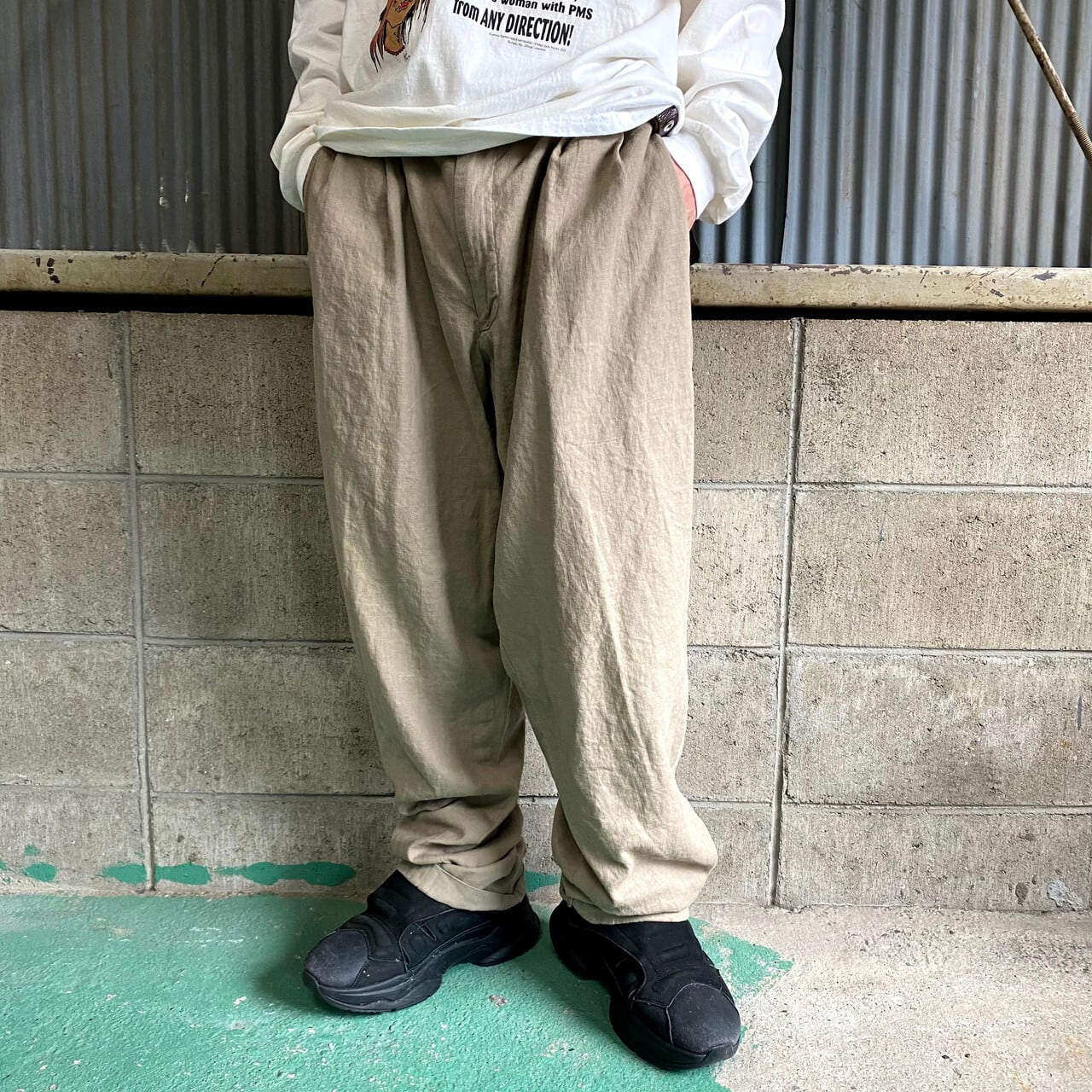 PERRY ELLIS リネン×レーヨン ツータック ワイドスラックスパンツ 