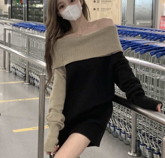 デザイン性抜群 フェイクインナー ゆったり 無地 ニットワンピース ミニ 肩出し