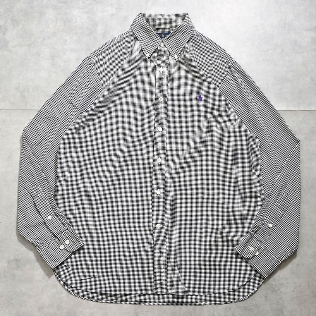 ラルフローレン チェックシャツ 古着 ポニー 刺繍 L 黒 白 16256