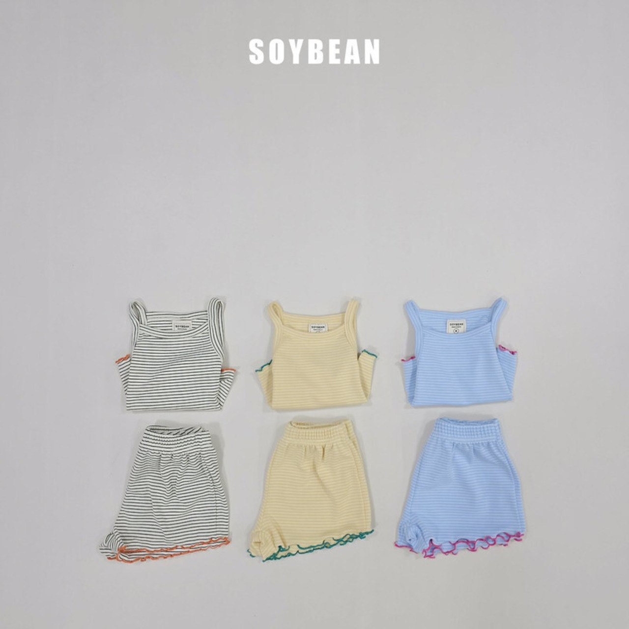 【即納】SOYBEAN 26/SM ボーダーひらひら上下セット　アイボリー｜夏服｜韓国子供服