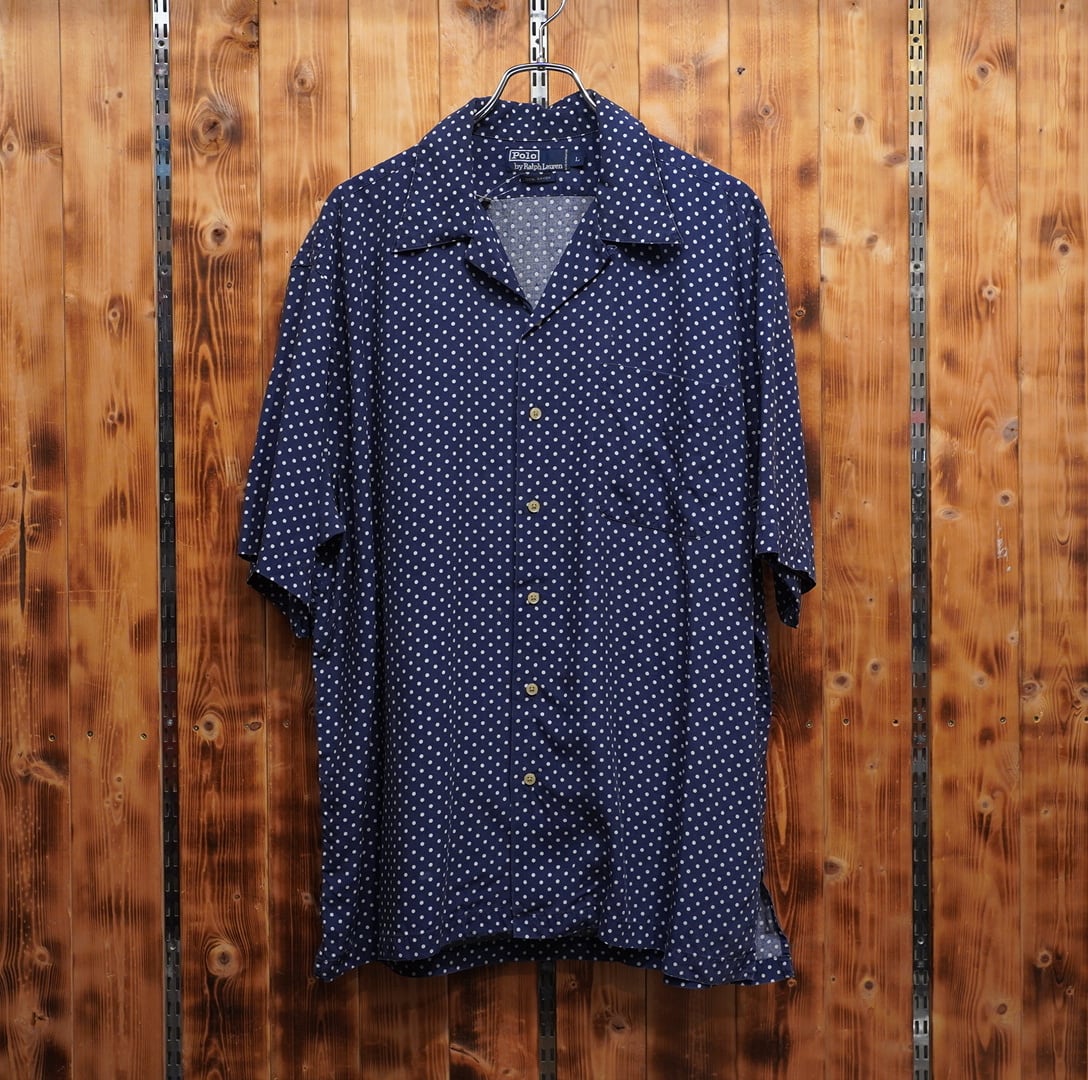 90s Ralph Lauren オープンカラーレーヨンシャツ　総柄　ネイビー 90s ralphlauren ドット 水玉 開襟シャツ L/ネイビー オープンカラー