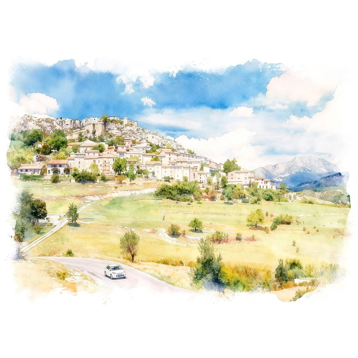 絵画 風景画(街並み) フランス 南仏プロヴァンス トリガンスと車 インテリアアート額付き 水彩画・油絵風 WAT1620