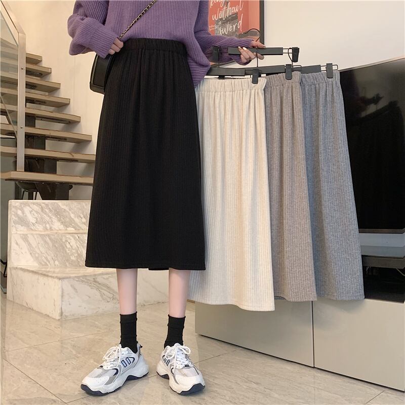 ブラックAラインスカート スプリングオータムハイウェストウェスト薄手 春物 秋物 1号婦人13739451980