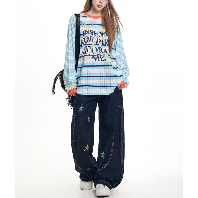 スターモチーフチェックボーダーグラフィックロングスリーブTシャツ 2col R02567