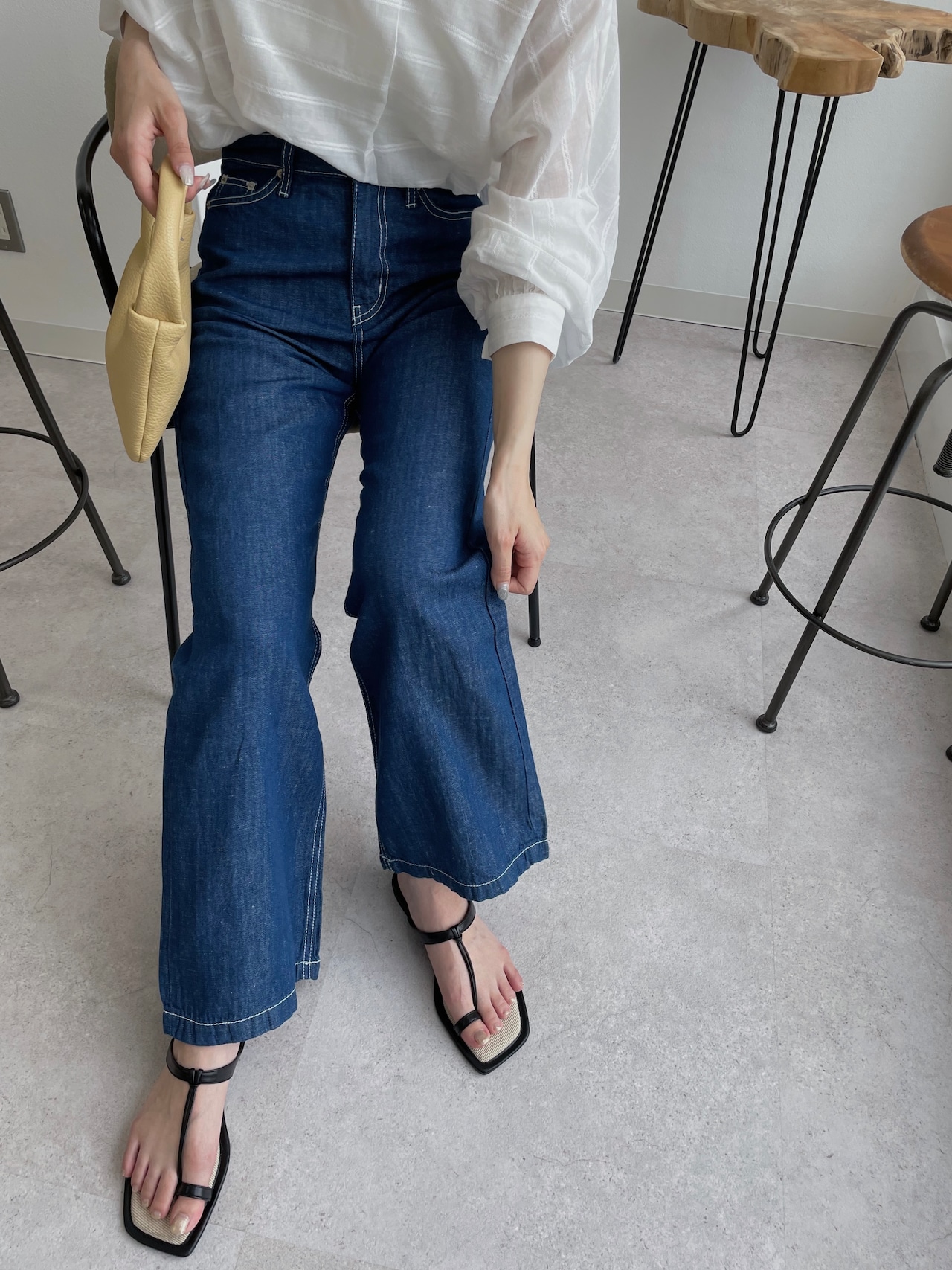 high waist stitch detail flare denim