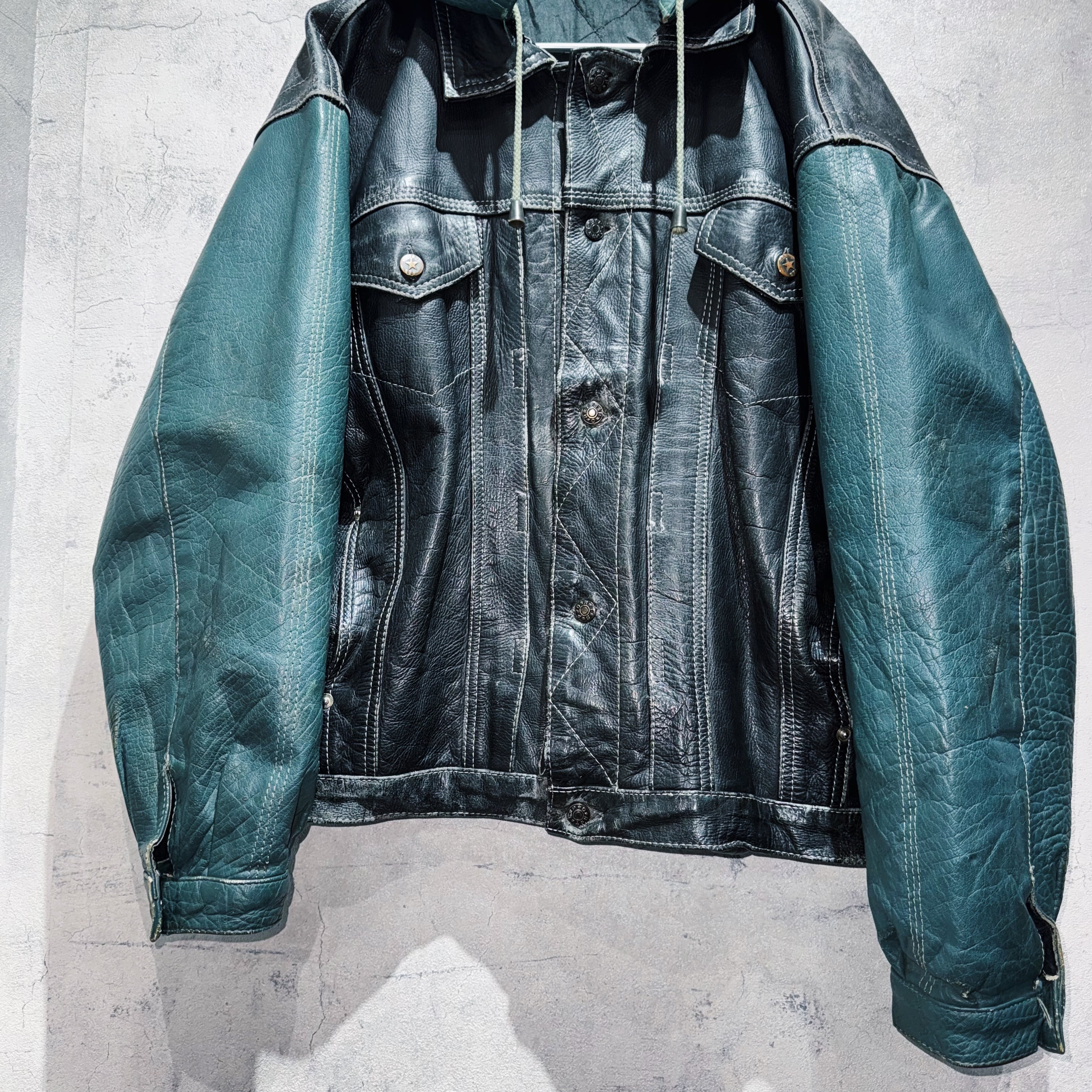 special 90's 2way cowhide switching color design hoodie leather