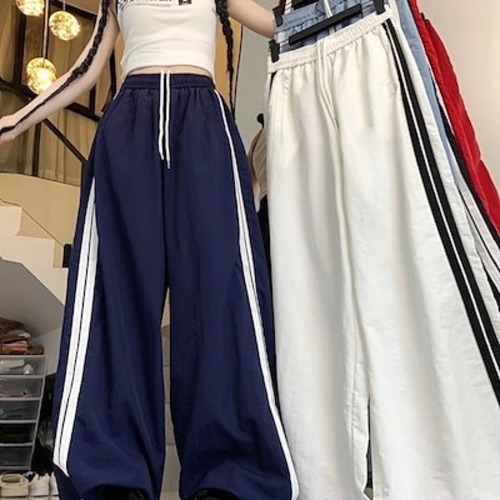 2024 夏 韓国パンツ ロング丈 ウエストゴム ストライプ ワイド ストレート ハイウエスト 美脚効果 脚長効果 細見え 夏 白 黒 赤 おしゃれ かわいい 韓国ファッション レディース お出かけ