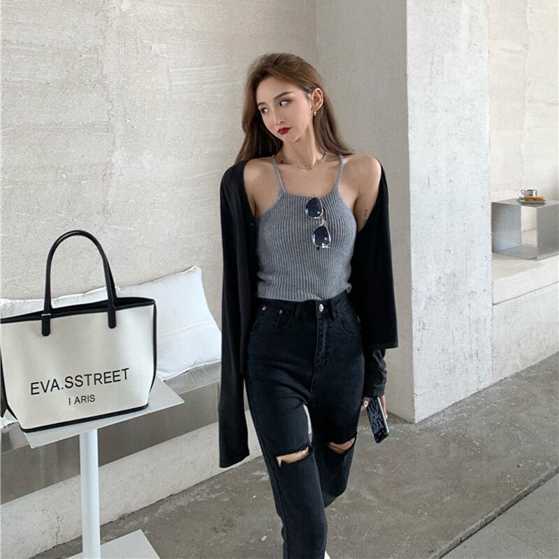 カーディガンジャケットニットキャミソールツーピース+ハイウエストカジュアルパンツレディース2020秋新作ファッションスーツ ブラックストロベリース55054993831