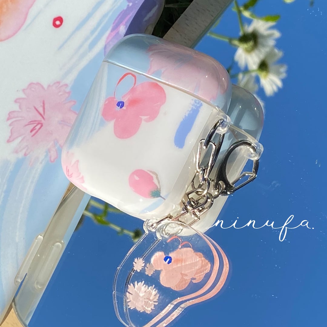 スマホとお揃いにできちゃう◎水彩画 フラワー デザイン チャームつき Airpods ケース ND-14582