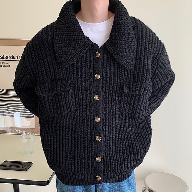 【予約販売】カーディガン 無地 メンズ シンプル ビッグカラー 襟 ベージュ ブラック ブルー セーター こなれ感 お洒落 韓国 トレンド 秋冬 M/L/XL/2XL