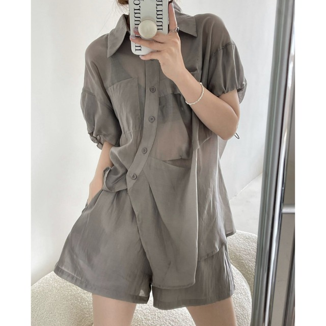 【set up】drawstring sleeve sheer curved button shirt & short pants L0574