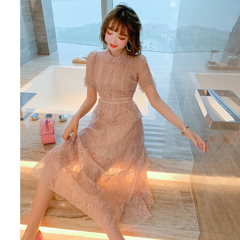 ボタンウェストメッシュドレス オータム レッド 刺繍 秋物 MIUCO62387144120