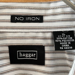 【haggar】ストライプ 柄シャツ 長袖シャツ NO IRON ホワイト×ブラウン X-Large ビッグサイズ US古着 アメリカ春先