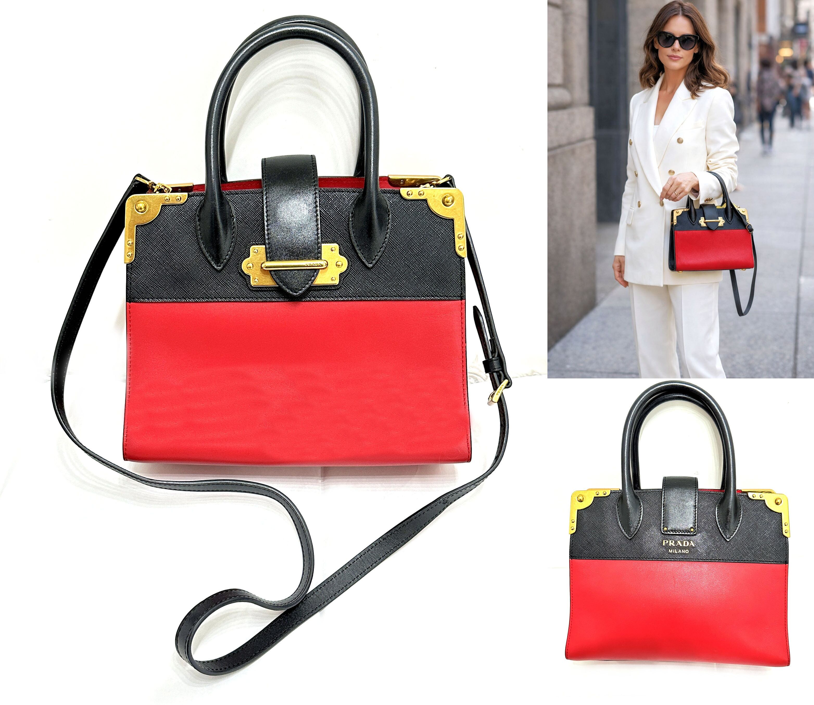 PRADA プラダ サフィアーノ カイエ 2way レザー ハンドバッグ ショルダーバッグ レッド ブラック