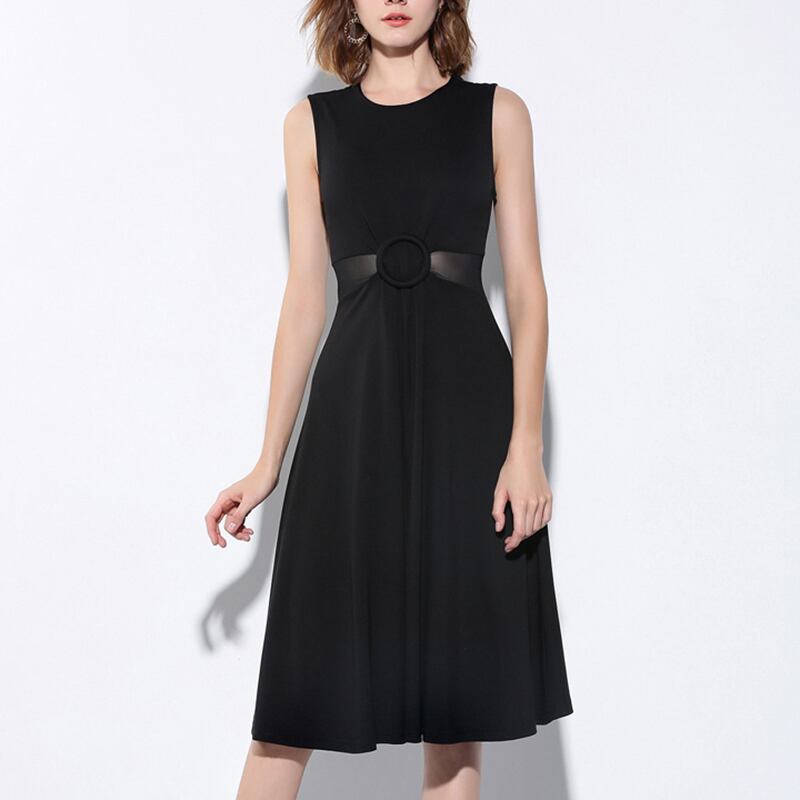 ノースリーブ クルーネック 無地 ウエストベルト ワンピース