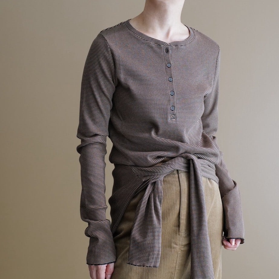 ■コットンボーダーヘンリーネック(ベージュ)