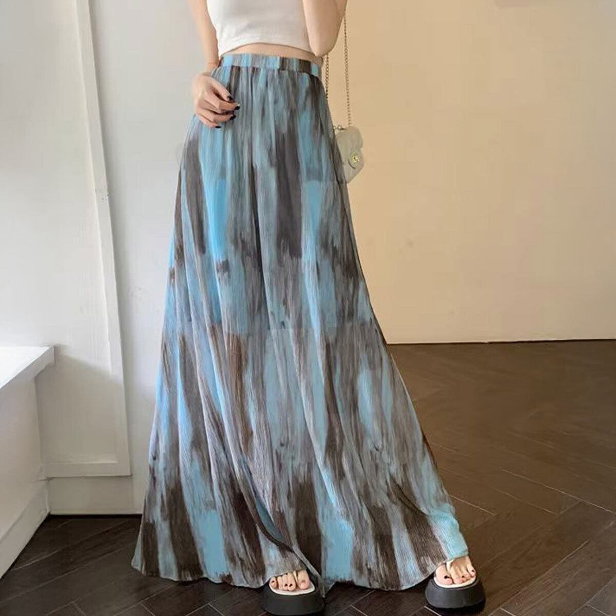 タイダイ柄 マキシスカート レディース 韓国 春夏 ロング スカート 大人 きれいめ かわいい おしゃれ ハイウエスト 体型カバー 軽やか Aライン ドレープ 大人可愛い 大人女子