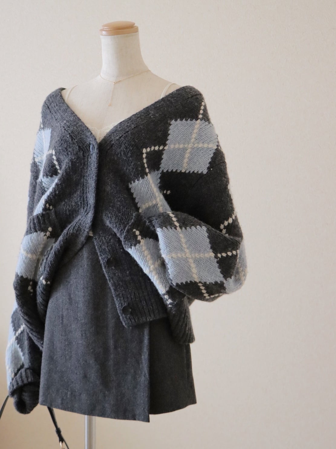 ●Argyle design pocket oversize wool knitted cardigan