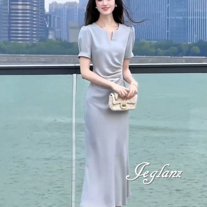 上品 ワンピース ドレス キーネック きれいめ シンプル派(MA190)