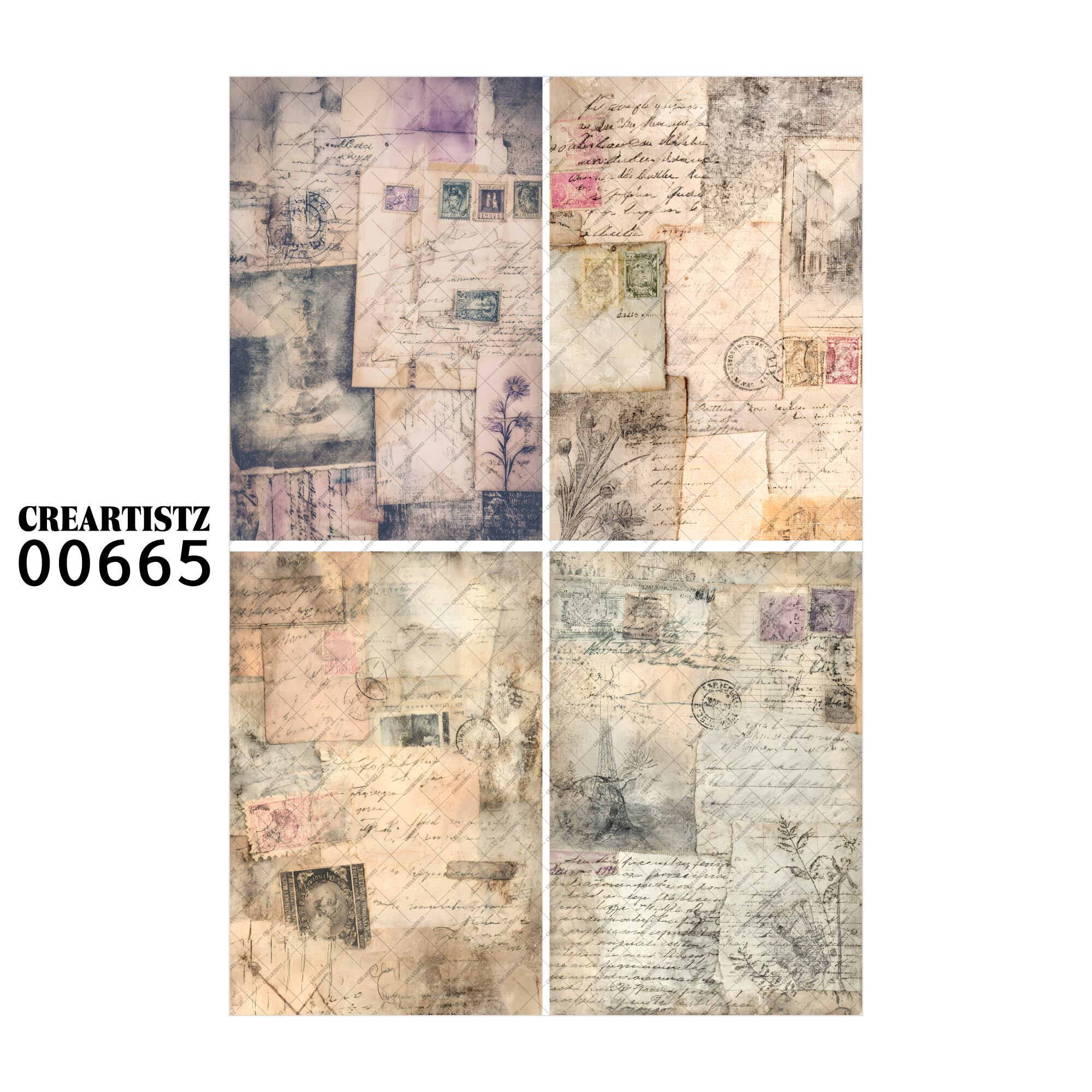 00665 背景 コラージュ素材 オリジナル 12枚セット (4種類×3枚) ペーパー/ステッカー CREARTISTZ
