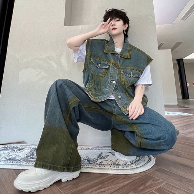 予約販売】メンズ セットアップ メンズ デニム ベスト ペイント