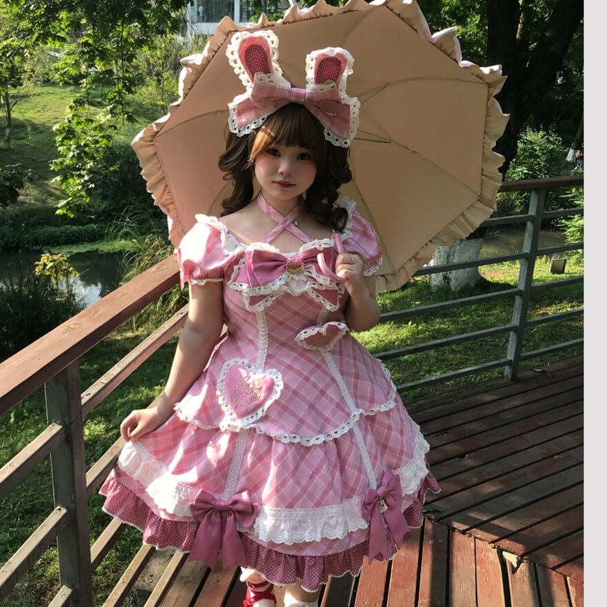 ロリータファッション 甘ロリ 青・黄・桃チェックうさ耳カチューシャ