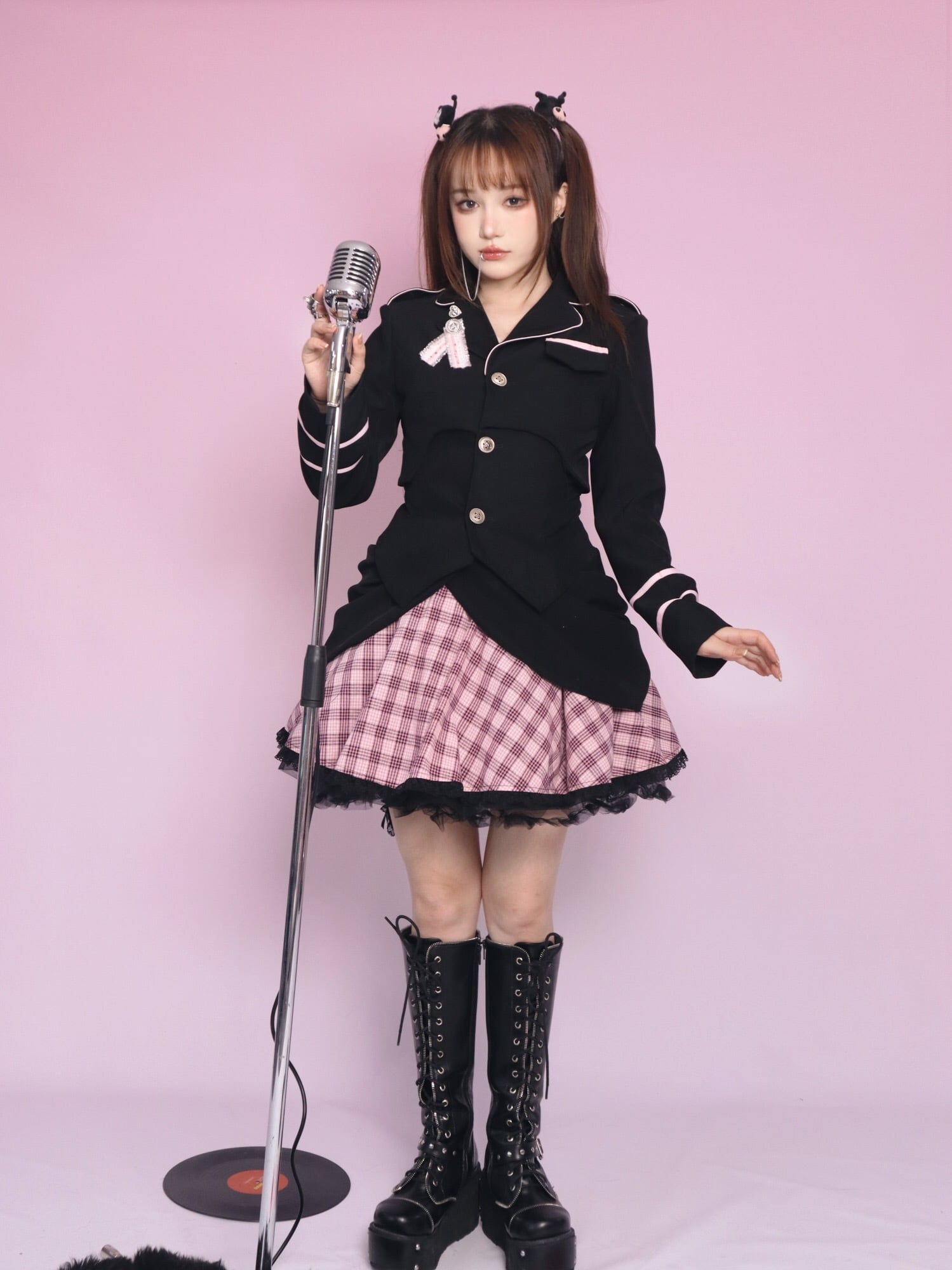 チェック スカート リボン ピンク 黒 ボトムス ガーリー ロック