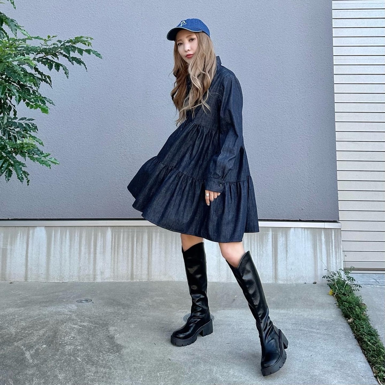 Denim gather  shirt middle OP／Indigo