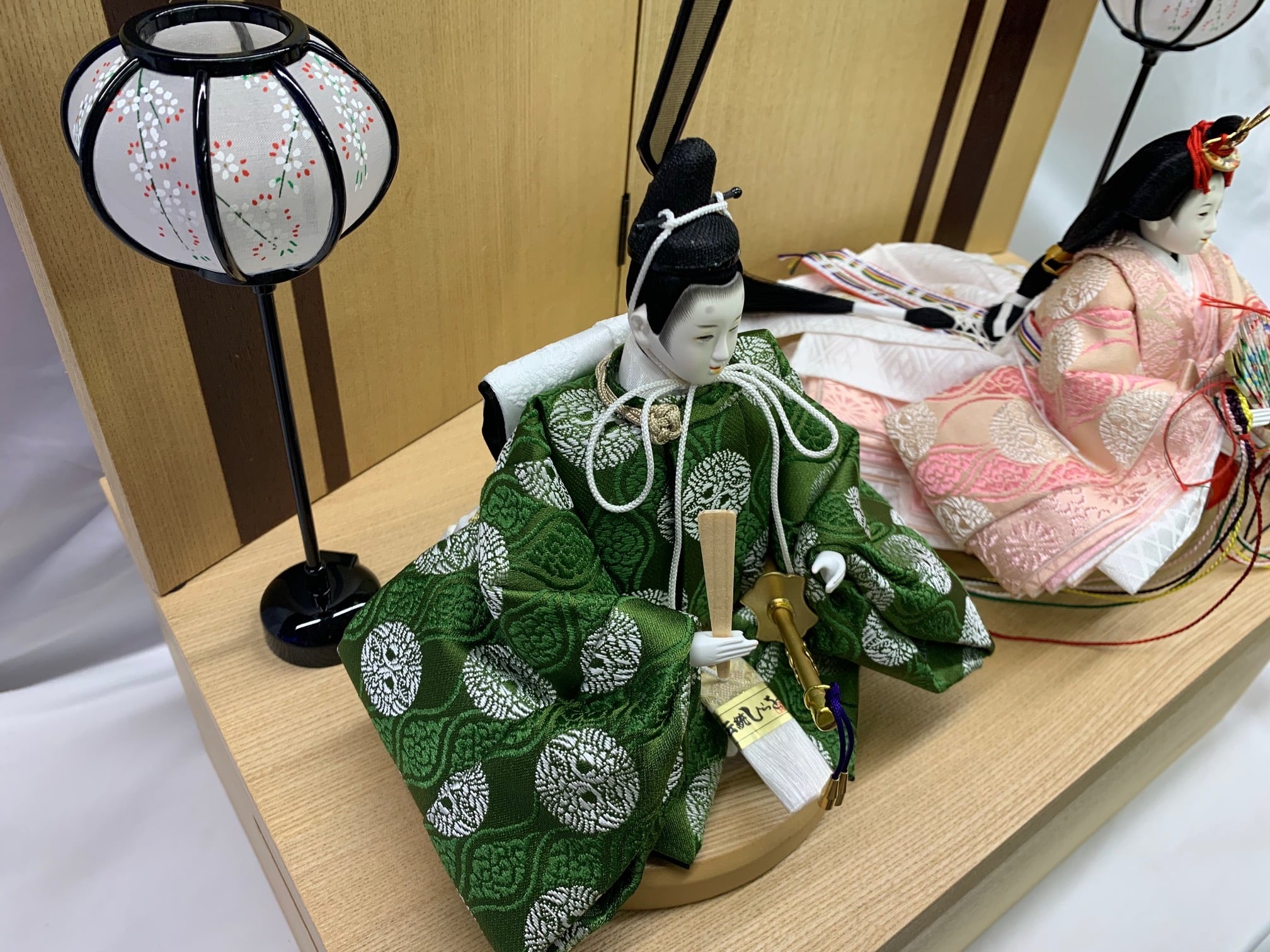 雛人形 京十二番 緑と桃の向鶴文 238‐594 45cm収納箱 屏風 栓木親王台