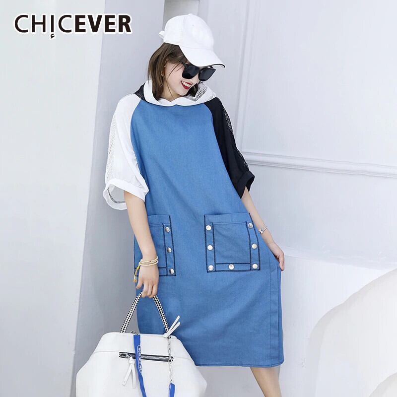 CHICEVERパッチワークデニムドレスレディースフード付き半袖ヒットカラーポケットルーズドレス2020夏 ショート ハーフスリーブ サマー 夏物 6base549696349247
