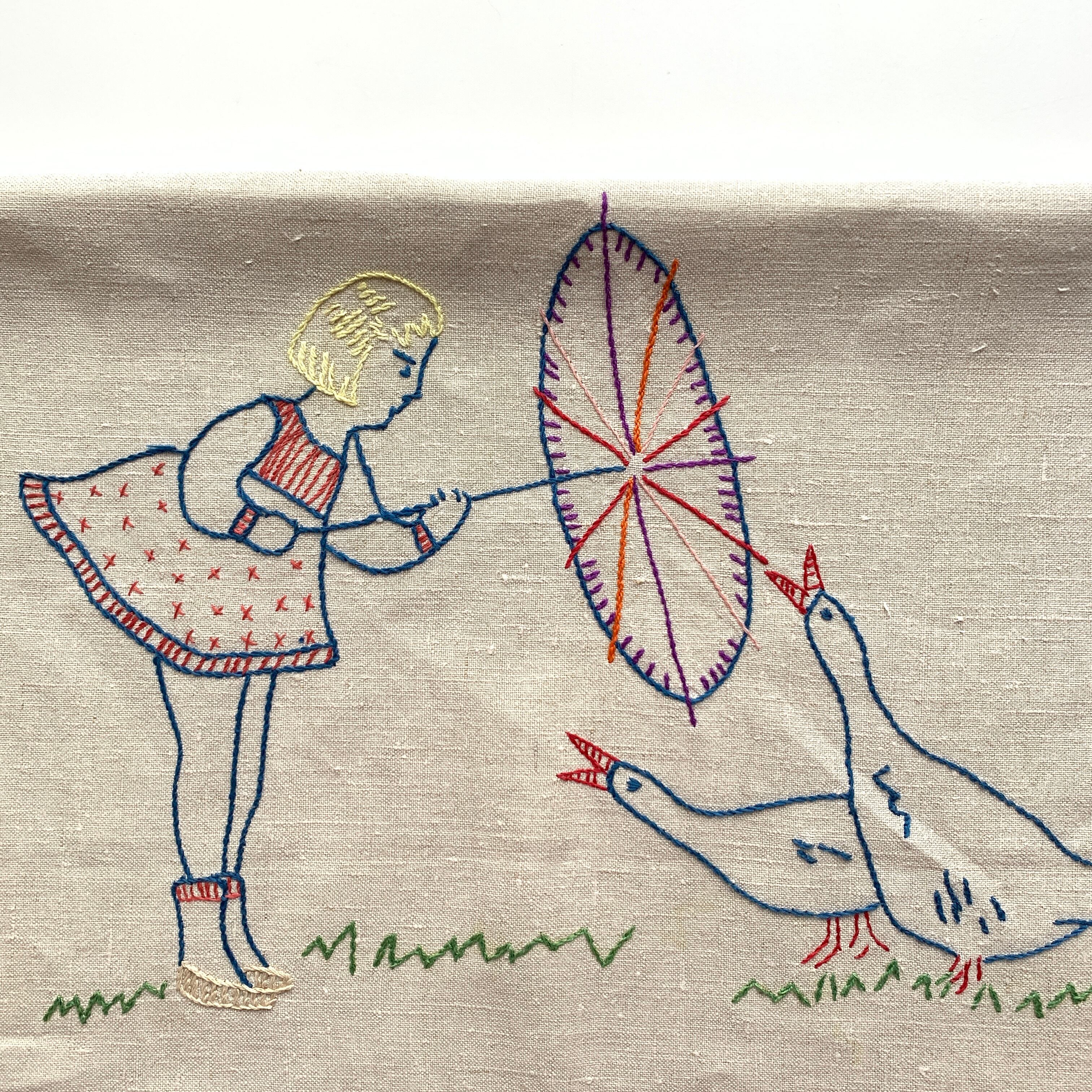 Hand Embroidered Tapestry / Girl & Goose