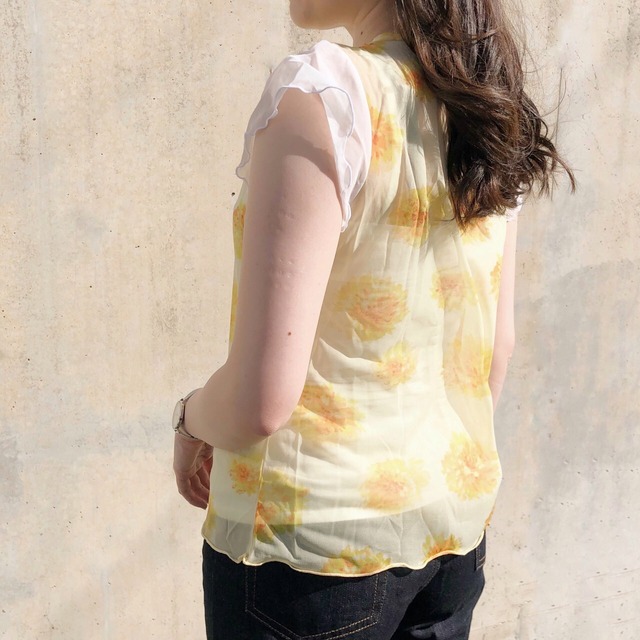 チューリップ袖が可愛い 花柄シアーブラウス｜ピンク｜画像15