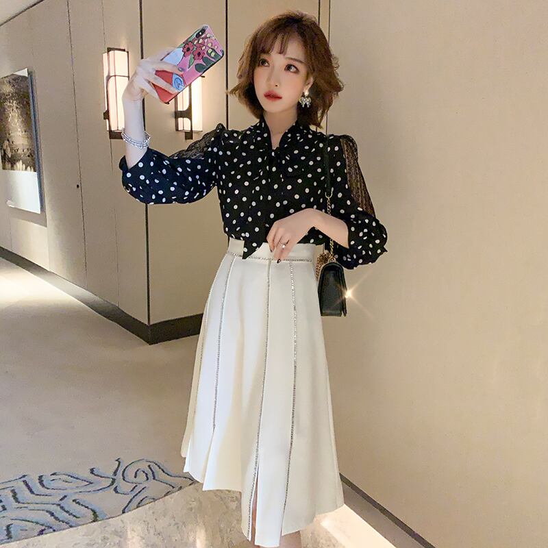 レーススリーブリボン水玉シャツ スカート スプリング ランタンスリーブ 春物 MIUCO96836891015