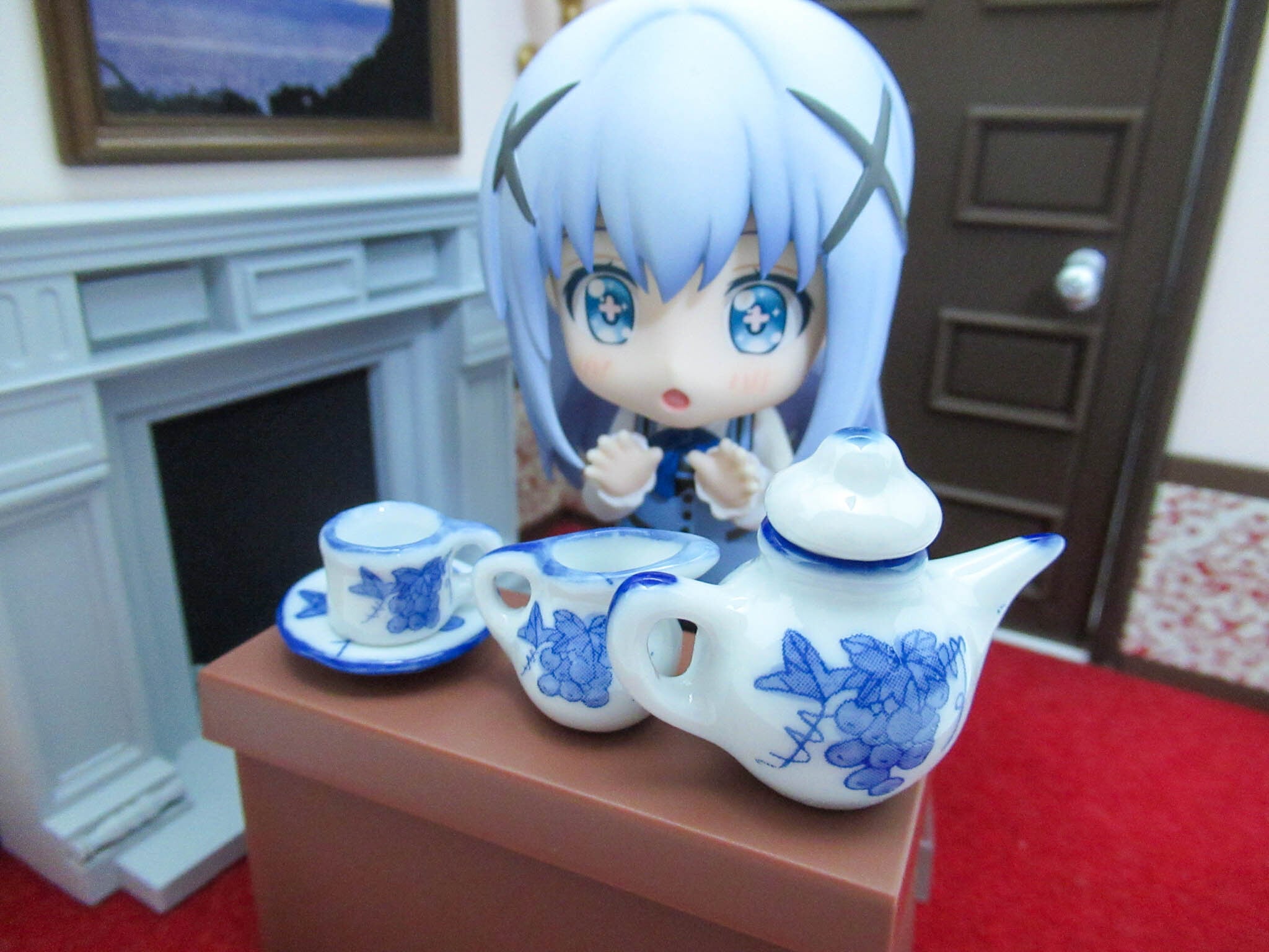 ミニチュア 陶器◇可愛いティータイムセット ミントプリント（AD051