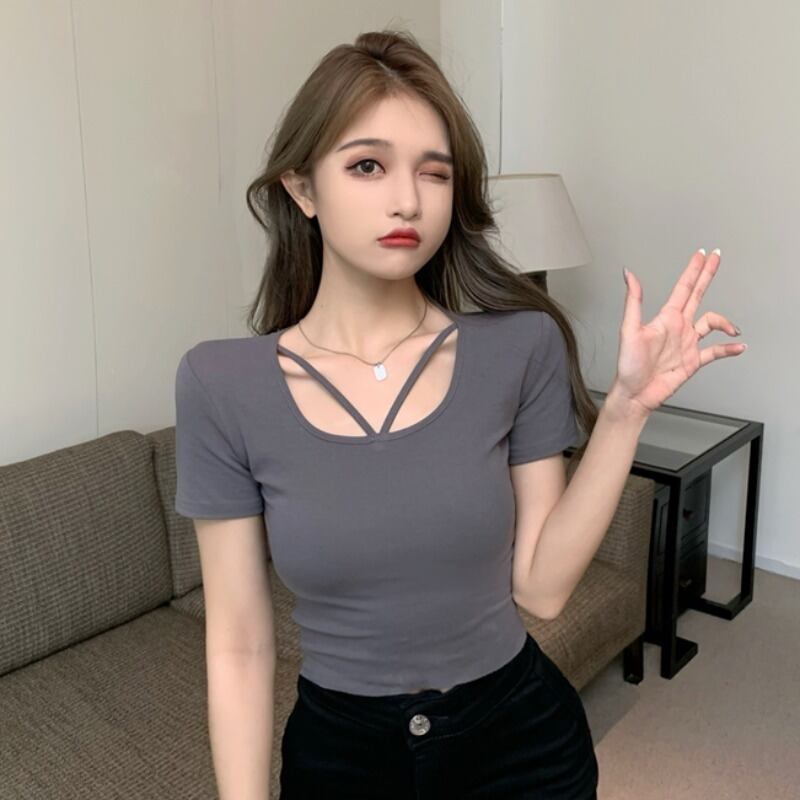 ショートブラウス サマースリムTシャツ 夏物 ハンチェンe80813440481