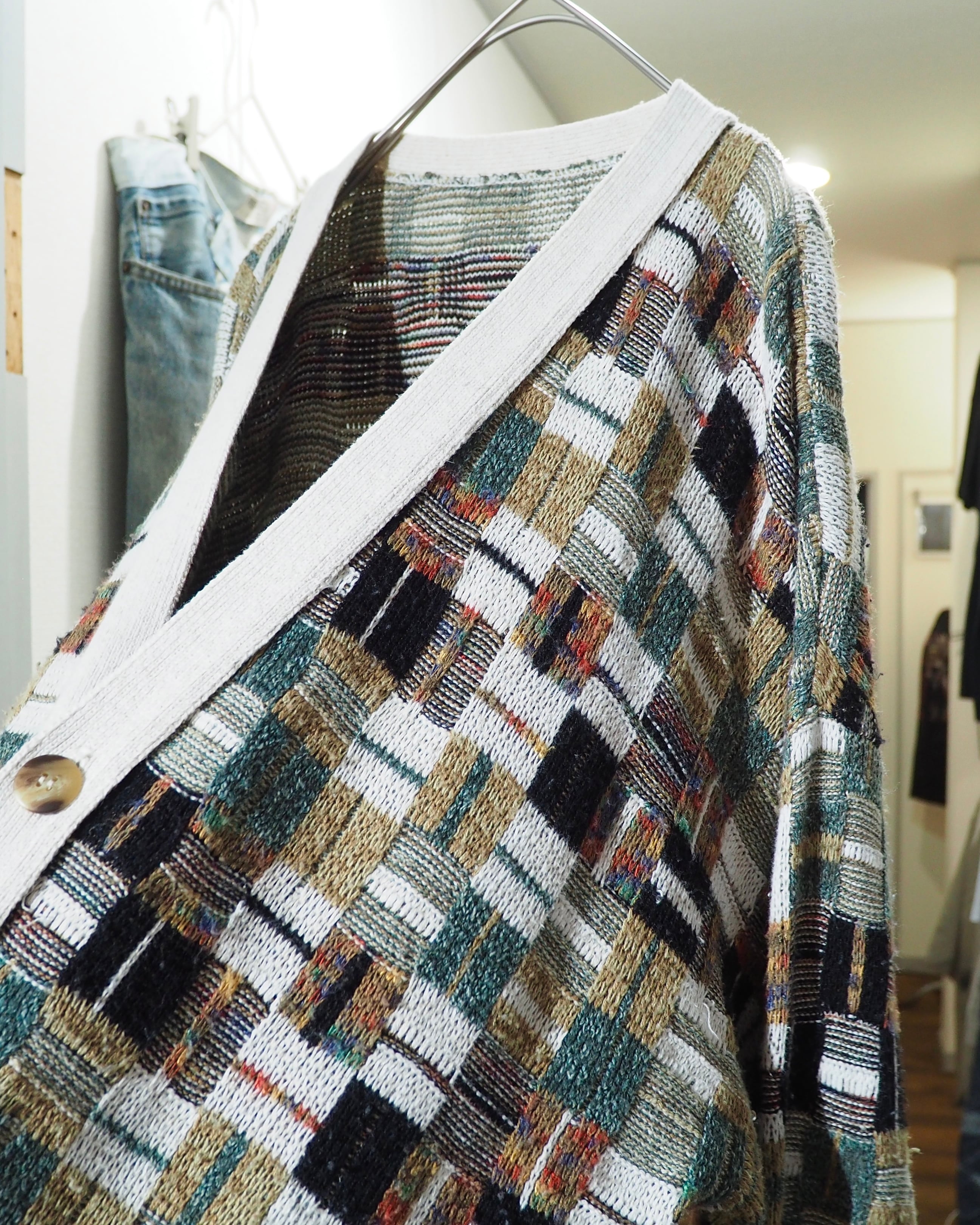 1990s Multi Color Block Weaving Vintage Loose Knit Cardigan