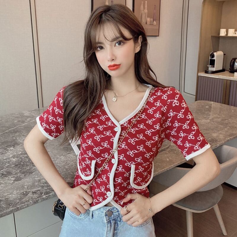 ショートセーター レディーススタイルVネックトップス ハンチェンe75291479476