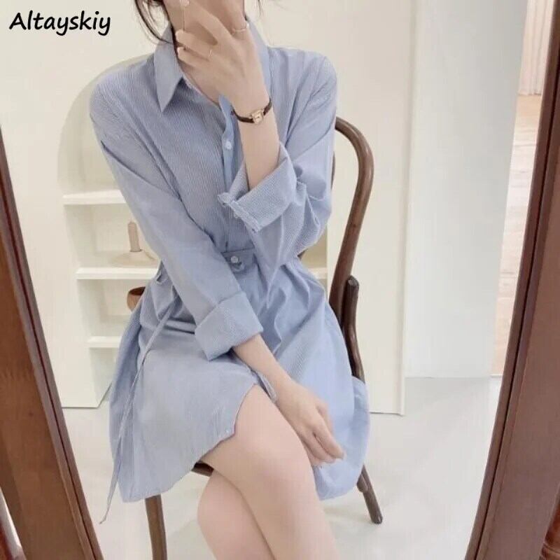 【新作】【送料無料】 ストライプミニドレス女性包帯カジュアルラペル Vestidos エレガントシンプルなストリート A ラインクラシックハイウエスト韓国スタイル Mujer 0399687380275