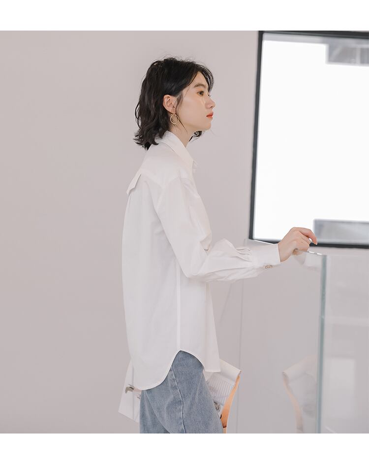 ホワイト 無地 シンプル アシンメトリーヘム 長袖 白シャツ ボタン