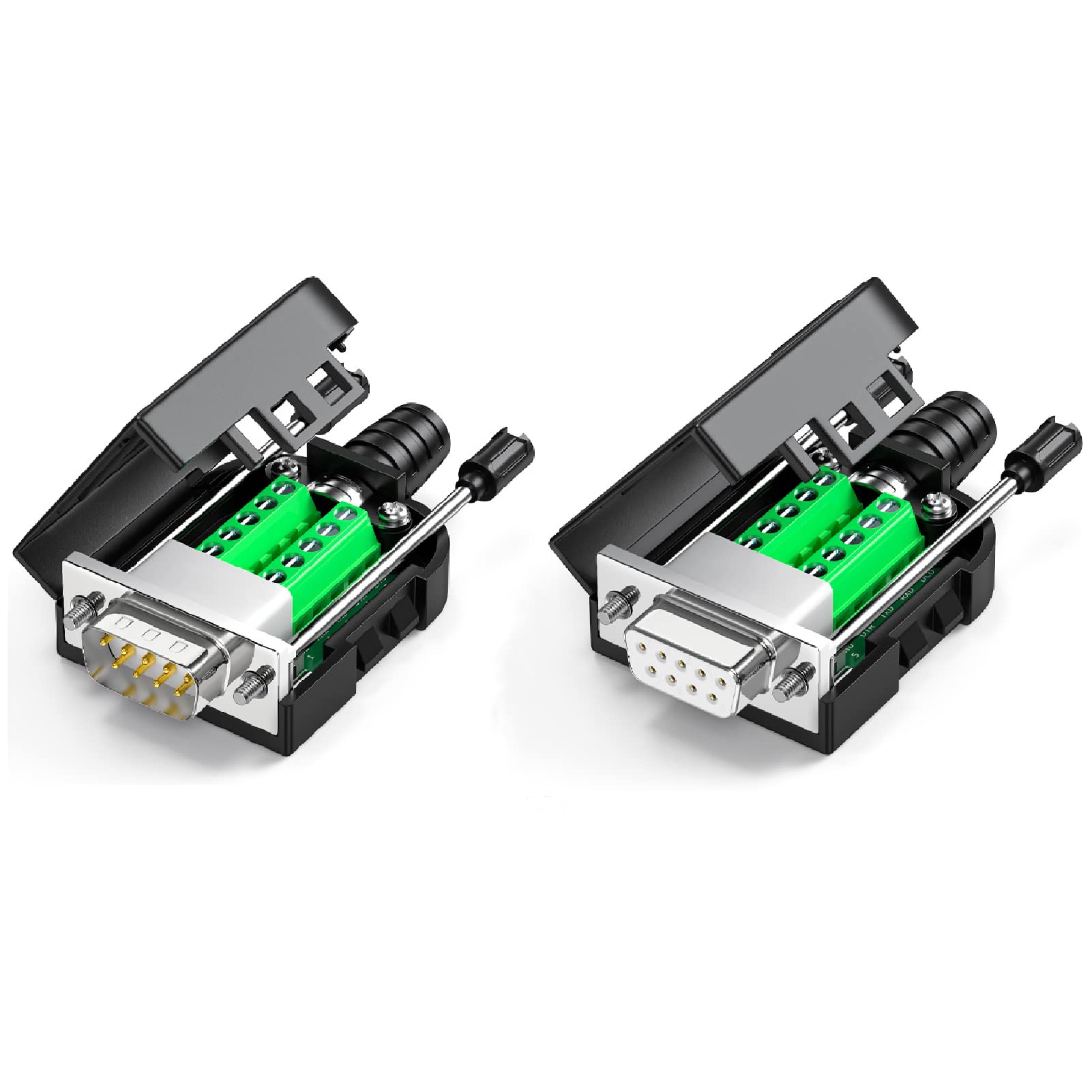 PENGLIN 2個 D-SUB 9ピンコネクタ オス メス 端子台付基板 コネクタカバー RS-232 DB9 ケーブルネジ止め はんだ不要 DSUB9ピン シリアル変換アダプタ 基板 シリアル 通信 コネクタ (オス+メス)