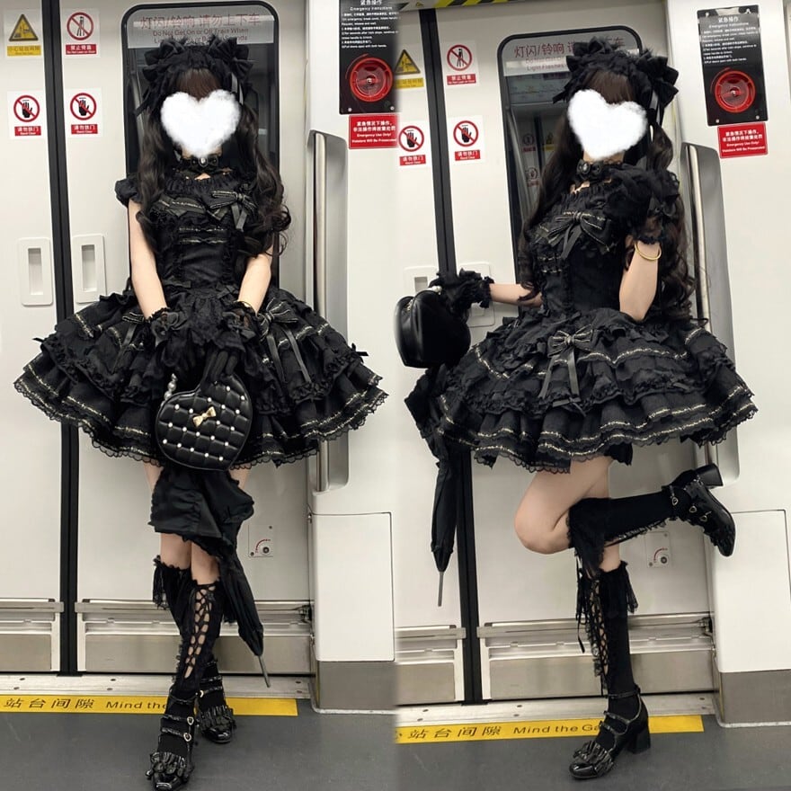 地雷系 ジャンパースカート ダーク Gothic レース ふんわり レイヤードスカート リボン