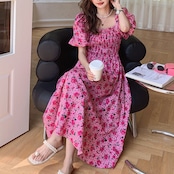 Square Neck Puff Sleeve Floral Dress 5091