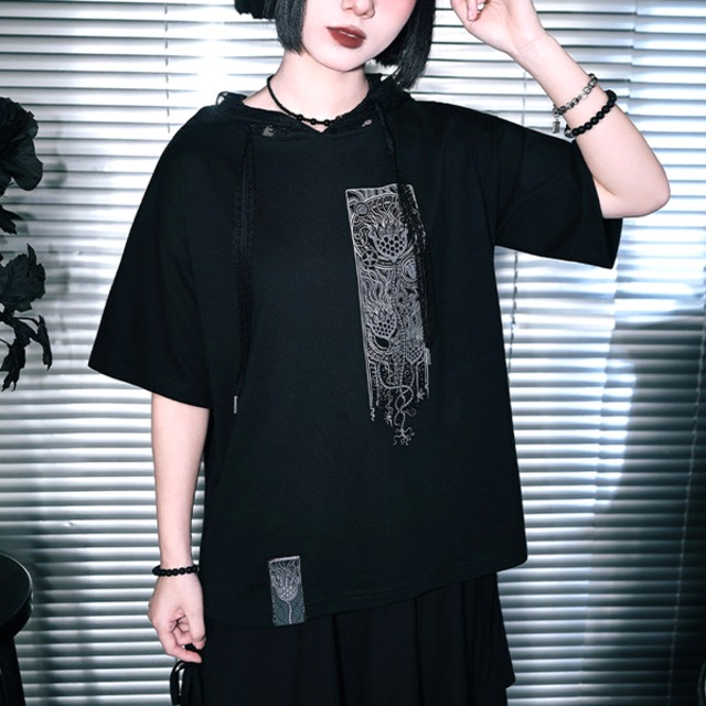 レースフードダークプリントTシャツ（ruf_03065）