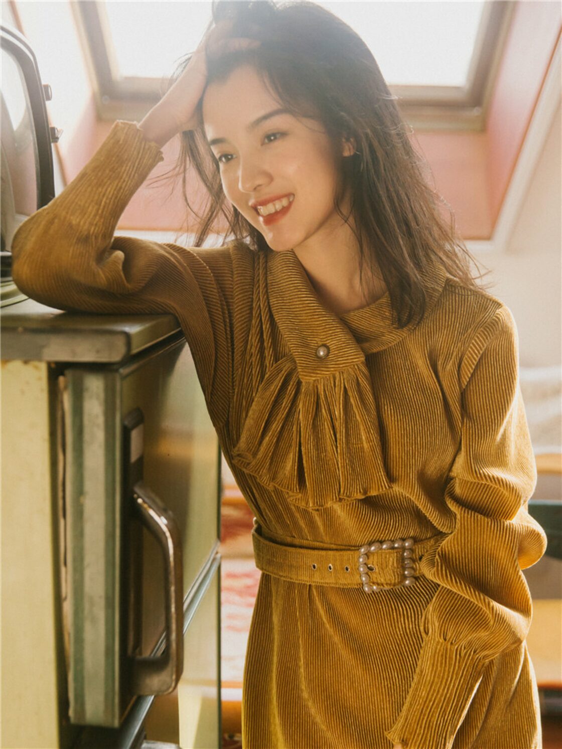 秋 冬 レディース ワンピース ロングワンピース イエロー 黄色 レトロ  